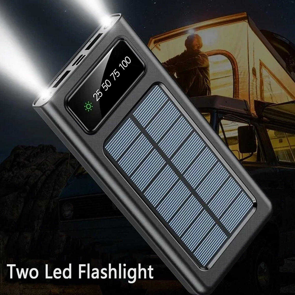 Portable solar phone charger with built-in solar panel and USB cables.