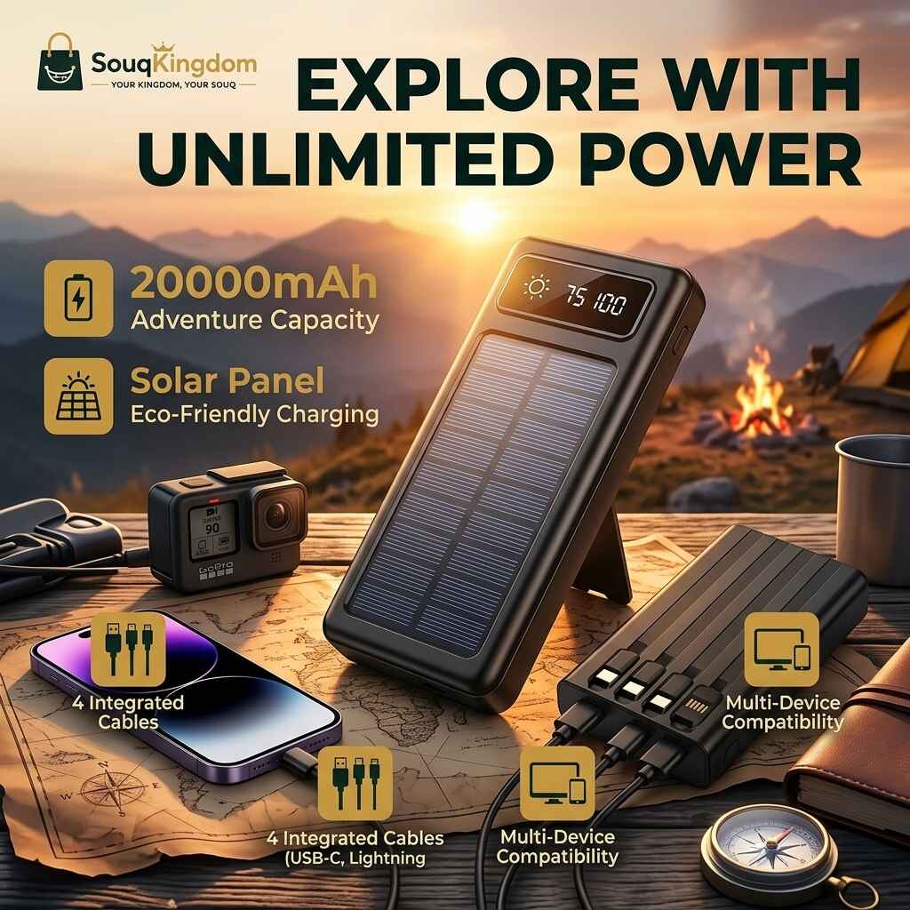 20000mAh solar power bank with dual flashlight in black for Saudi Arabia.