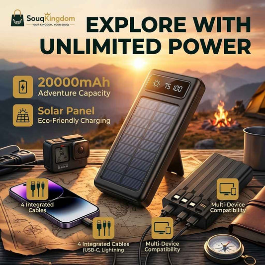20000mAh solar power bank with dual flashlight in black for Saudi Arabia.