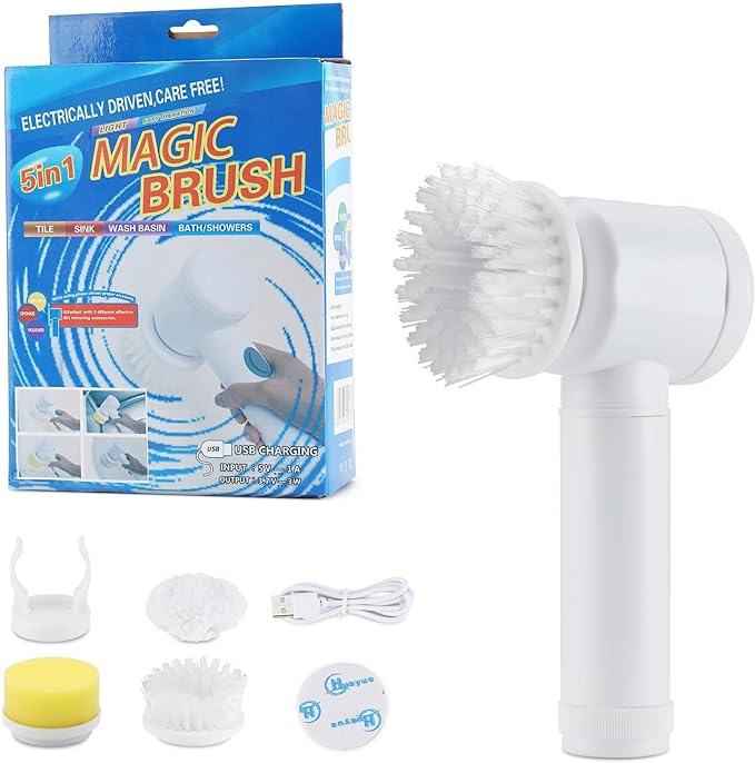 5-in-1 Electric Cleaning Brush | USB Rechargeable Multi-Purpose Scrubber with Cleaning Heads | White | SouqKingdom Saudi Arabia